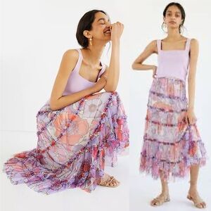 Anthropologie Maeve Pink and Purple Tiered Maxi Skirt Womens XX-Small